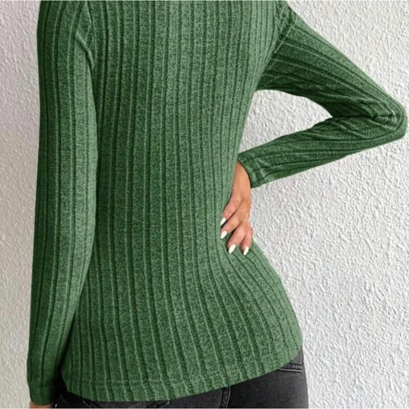 Ribbed Knit Top Pullover Large Slim Fit Shirt L Top Avocado Green Ribbed - Picture 3 of 8